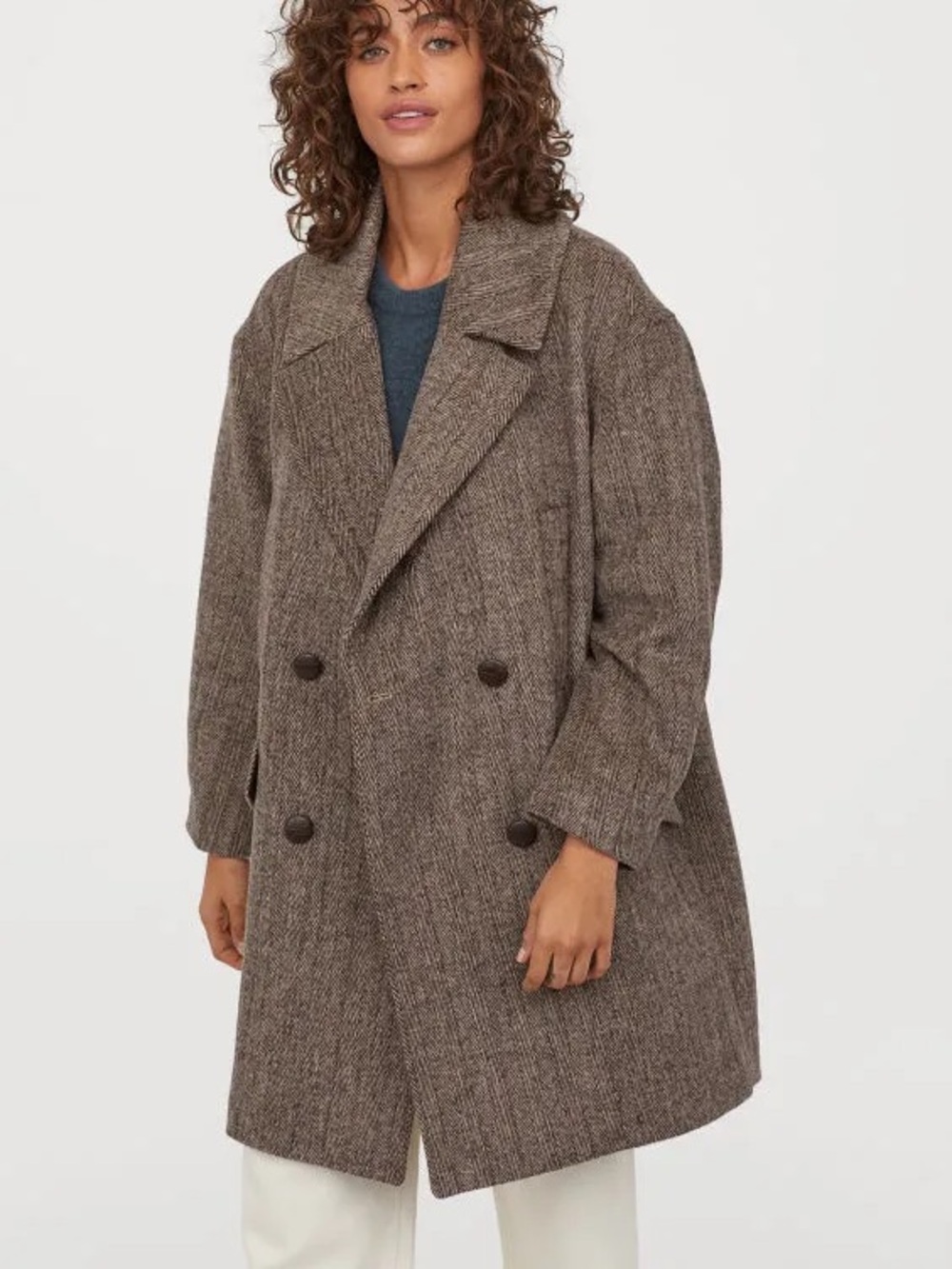 H&M Oversized Wool-Blend Coat (Size S, Dark brown/Herringbone pattern)